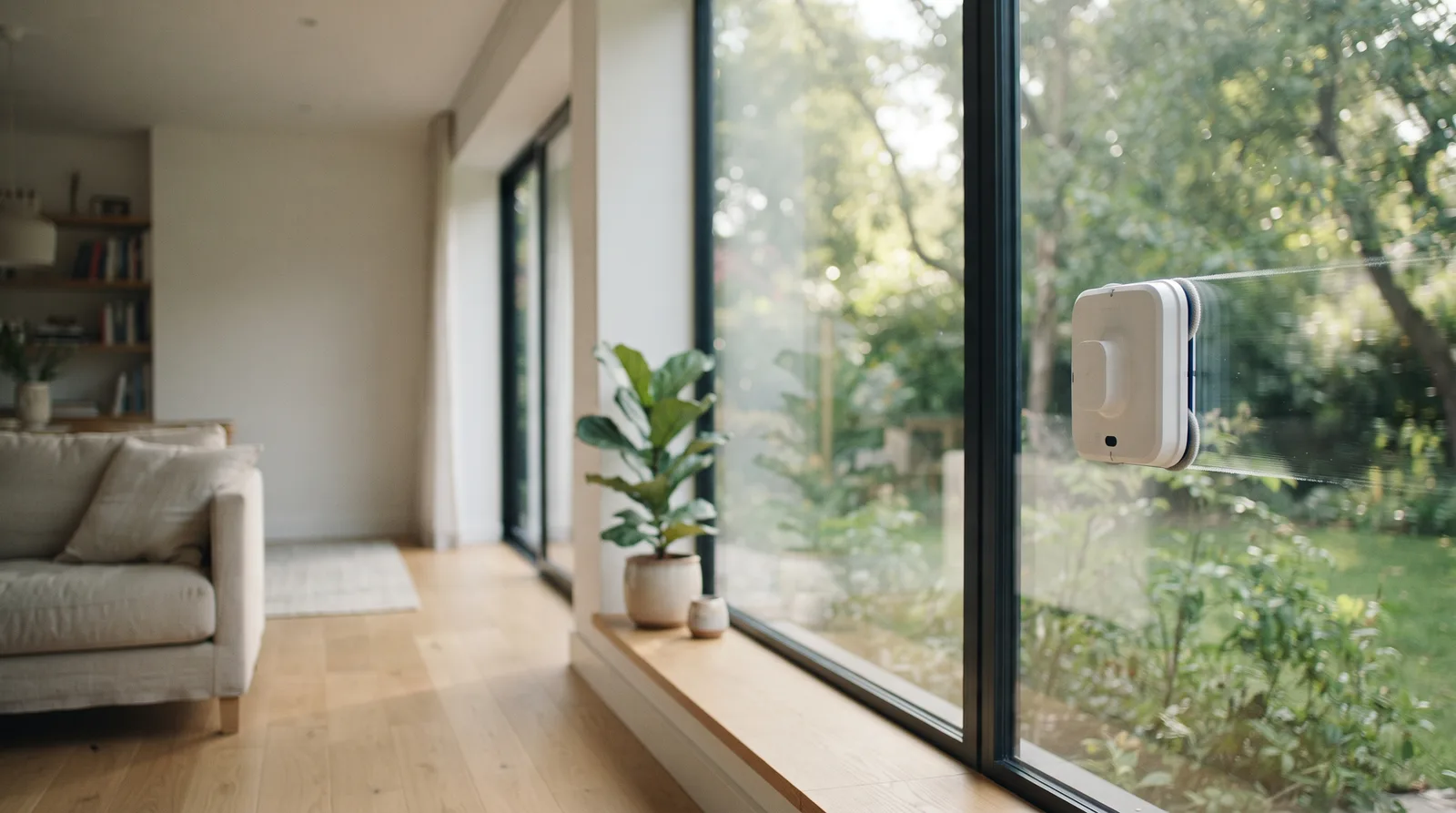 Weißer Fensterputzroboter auf einer großen Glasscheibe im hellen Wohnzimmer (Symbolbild)